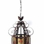 830 Sospensione Arte Lux in ferro battuto e vetri tipo cattedrale