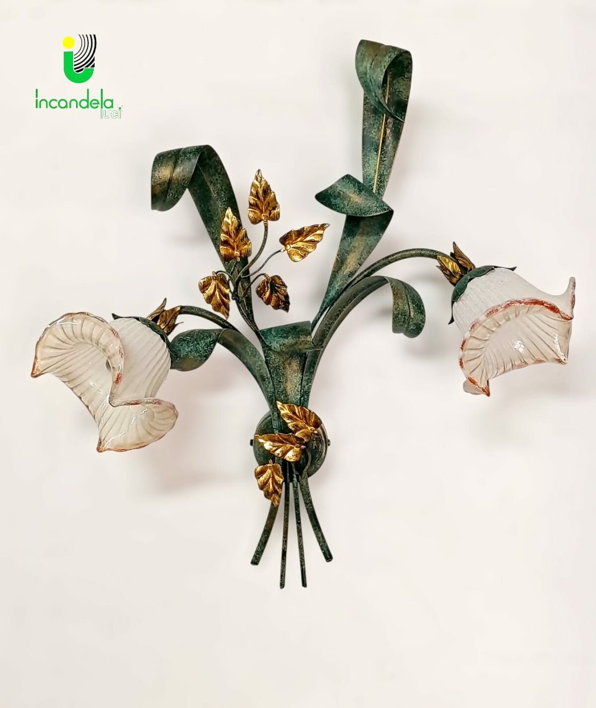 Applique da parete in ferro battuto di Florenz decoro verde in foglia d'oro 2xE14 - immagine 1