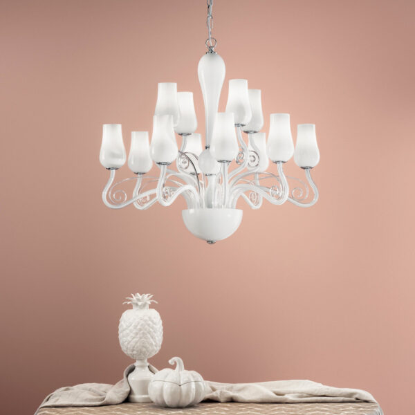Lampadario Angel a Sospensione 12 luci Led(E14) 140x80 cm In Vetro Soffiato