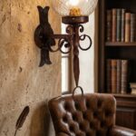 650/APG Applique in ferro battuto decoro ruggine-oro vetro ambra 1 Luce E27