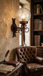 650/APG Applique in ferro battuto decoro ruggine-oro vetro ambra 1 Luce E27