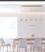 BOLLA sospensione metallo oro/nero + paralume in vetro ambra/trasparente/fumè 5 luci LED 20W 3000K - immagine 2