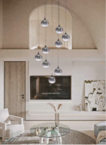 BOLLA sospensione metallo oro/nero + paralume in vetro ambra/trasparente/fumè 9 luci LED 20W 3000K - immagine 3