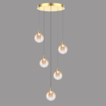 BOLLA sospensione metallo oro/nero + paralume in vetro ambra/trasparente/fumè 5 luci LED 20W 3000K - immagine 3