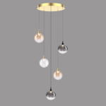 BOLLA sospensione metallo oro/nero + paralume in vetro ambra/trasparente/fumè  5 luci LED 20W 3000K