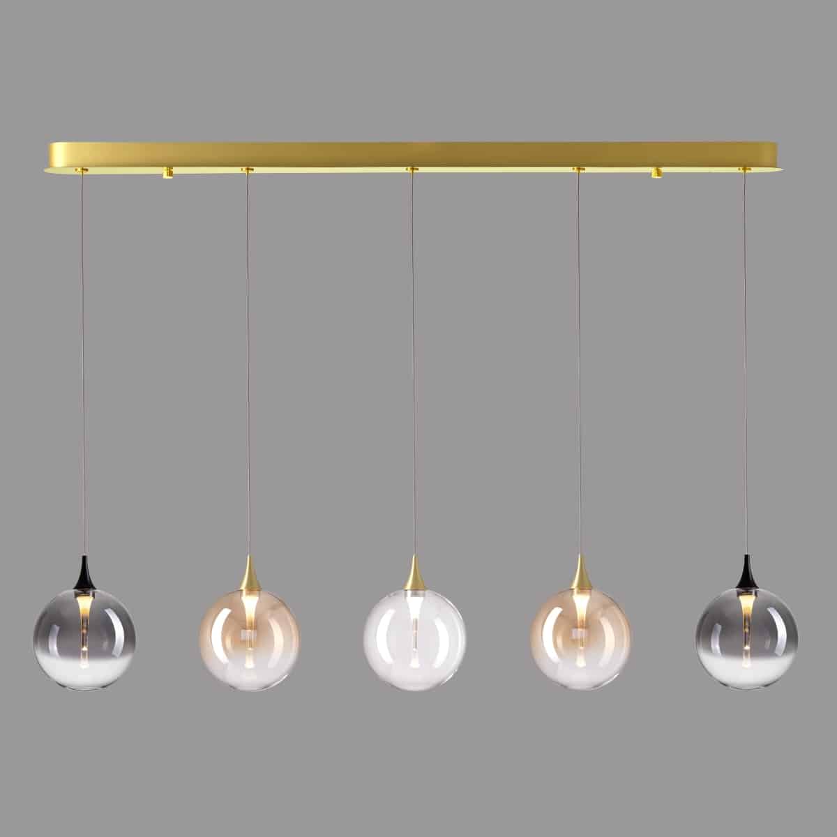 x-sito-MD23001045-5BSG-MIX BOLLA sospensione metallo oro/nero + paralume in vetro ambra/trasparente/fumè 5 luci LED 20W 3000K - immagine 1