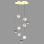 BOLLA sospensione metallo oro/nero + paralume in vetro ambra/trasparente/fumè 9 luci LED 20W 3000K