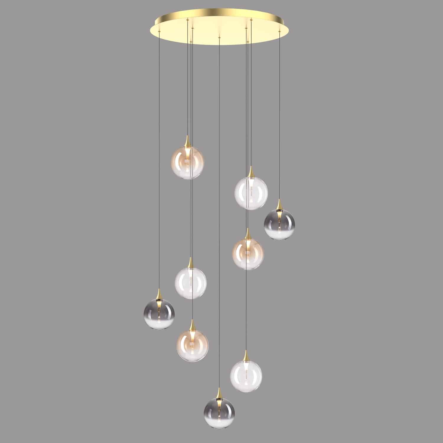 x-sito-MD23001045-9ASG-MIX BOLLA sospensione metallo oro/nero + paralume in vetro ambra/trasparente/fumè 9 luci LED 20W 3000K - immagine 1